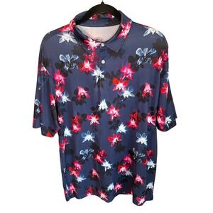 Proud 90 Mens Golf Is Fun Performance Polo Shirt Navy Orchid Floral Print Large